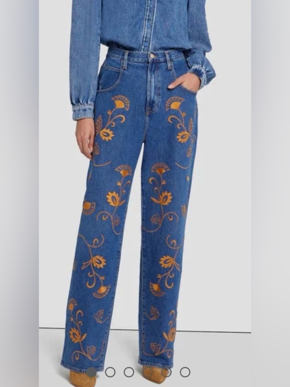 7 For All Mankind Blue Straight-Leg Jeans with Orange Floral Embroidery